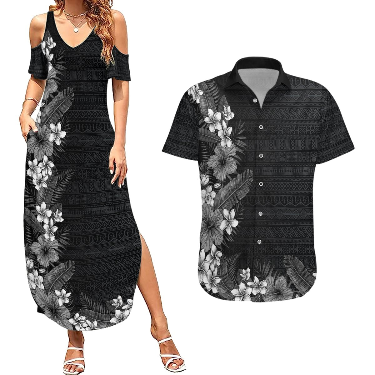 Hawaii Tropical Flowers and Leaves Couples Matching Summer Maxi Dress and Hawaiian Shirt Tapa Pattern Grayscale Mode LT03 Grayscale - Polynesian Pride
