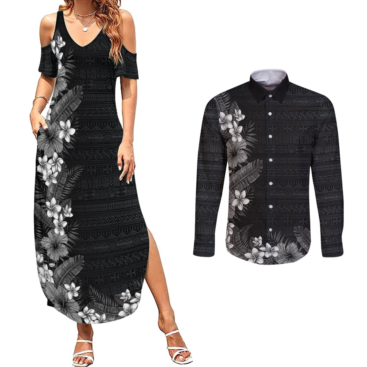 Hawaii Tropical Flowers and Leaves Couples Matching Summer Maxi Dress and Long Sleeve Button Shirt Tapa Pattern Grayscale Mode