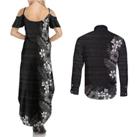 Hawaii Tropical Flowers and Leaves Couples Matching Summer Maxi Dress and Long Sleeve Button Shirt Tapa Pattern Grayscale Mode