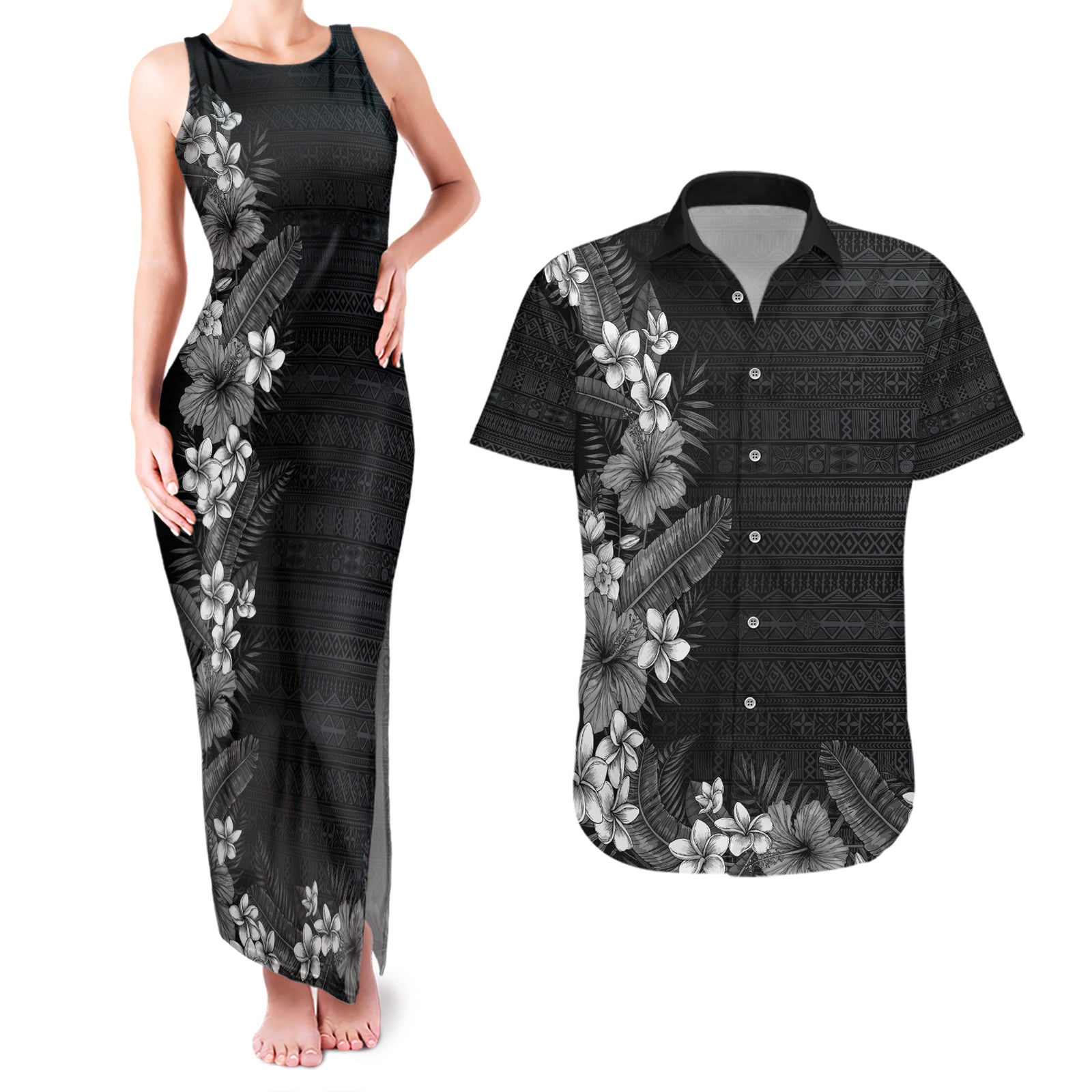 Hawaii Tropical Flowers and Leaves Couples Matching Tank Maxi Dress and Hawaiian Shirt Tapa Pattern Grayscale Mode LT03 Grayscale - Polynesian Pride