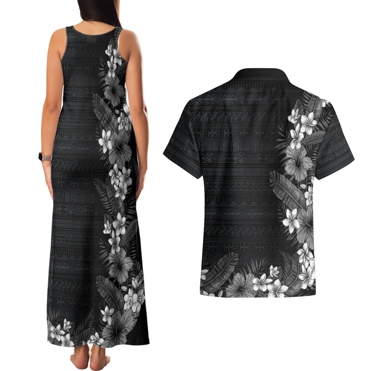 Hawaii Tropical Flowers and Leaves Couples Matching Tank Maxi Dress and Hawaiian Shirt Tapa Pattern Grayscale Mode LT03 - Polynesian Pride