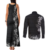 Hawaii Tropical Flowers and Leaves Couples Matching Tank Maxi Dress and Long Sleeve Button Shirt Tapa Pattern Grayscale Mode LT03 - Polynesian Pride