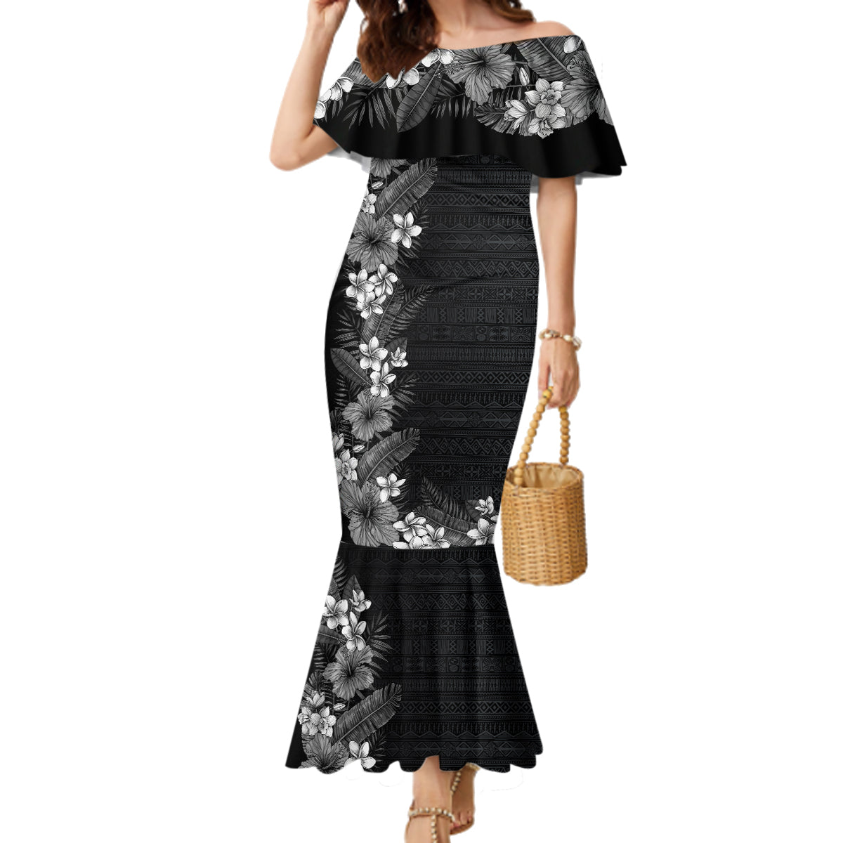 Hawaii Tropical Flowers and Leaves Family Matching Mermaid Dress and Hawaiian Shirt Tapa Pattern Grayscale Mode