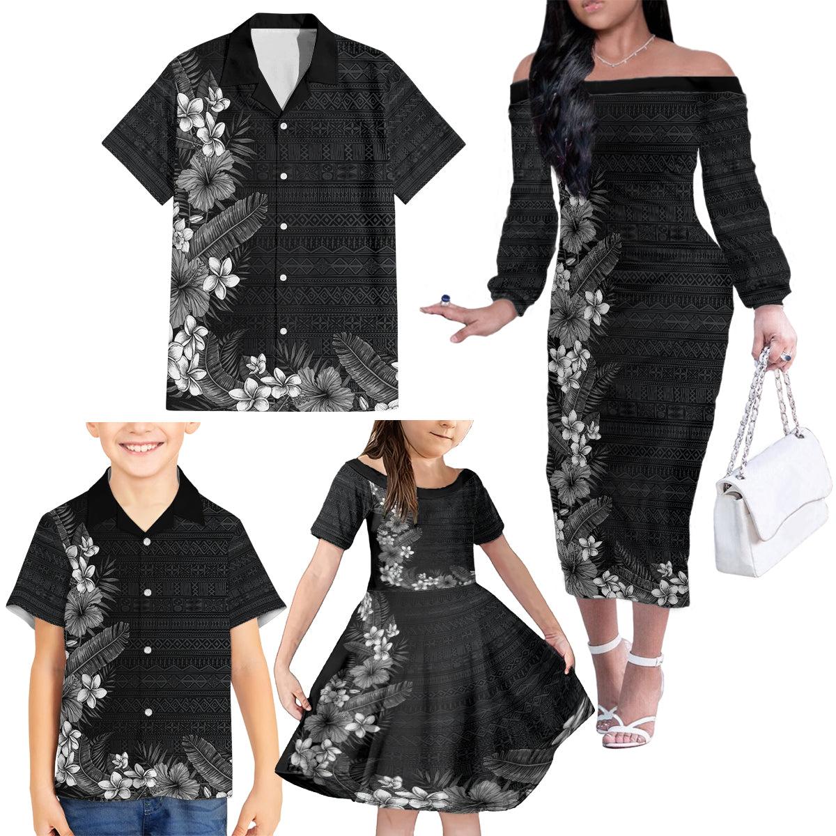 Hawaii Tropical Flowers and Leaves Family Matching Off The Shoulder Long Sleeve Dress and Hawaiian Shirt Tapa Pattern Grayscale Mode