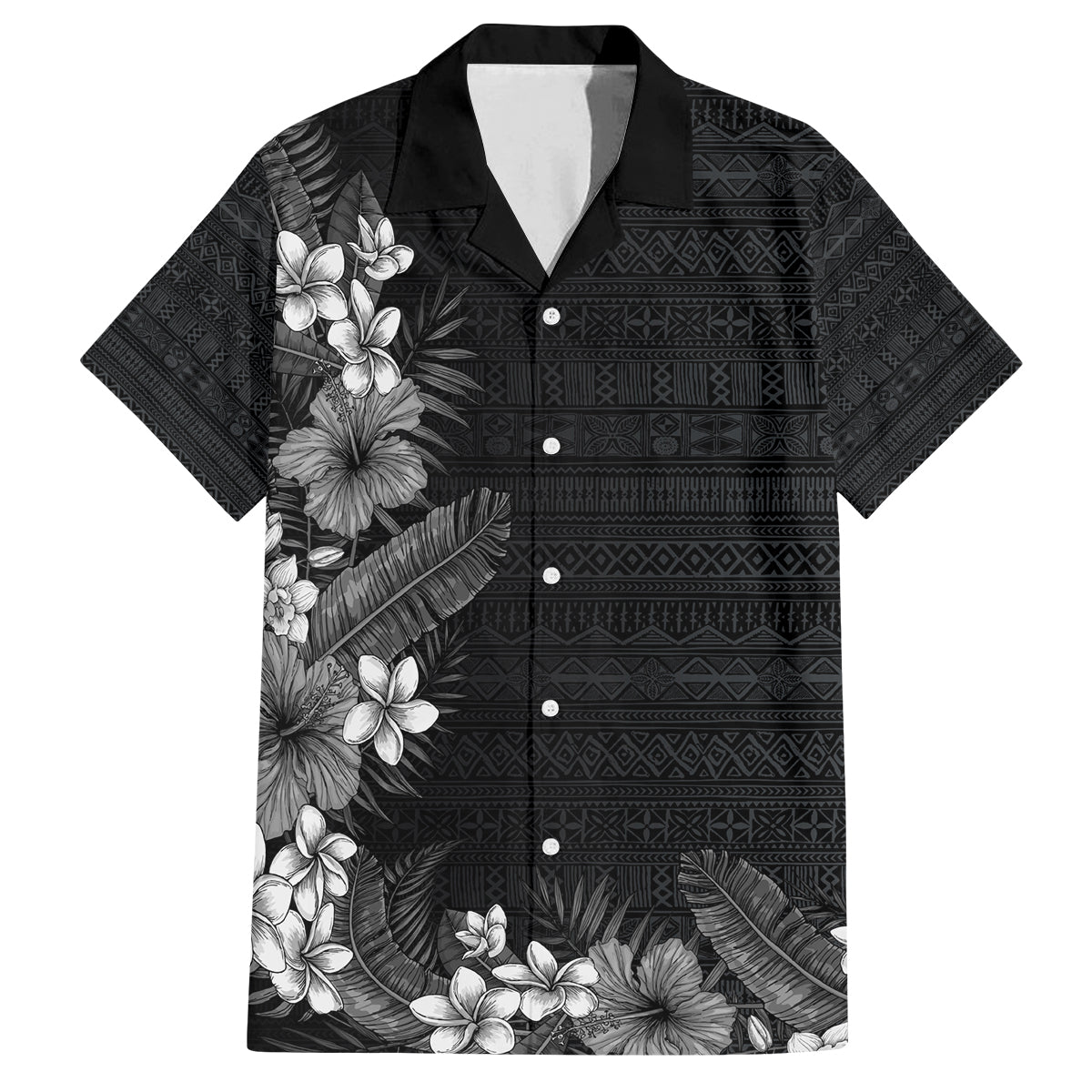 Hawaii Tropical Flowers and Leaves Family Matching Off The Shoulder Long Sleeve Dress and Hawaiian Shirt Tapa Pattern Grayscale Mode LT03 Dad's Shirt - Short Sleeve Grayscale - Polynesian Pride