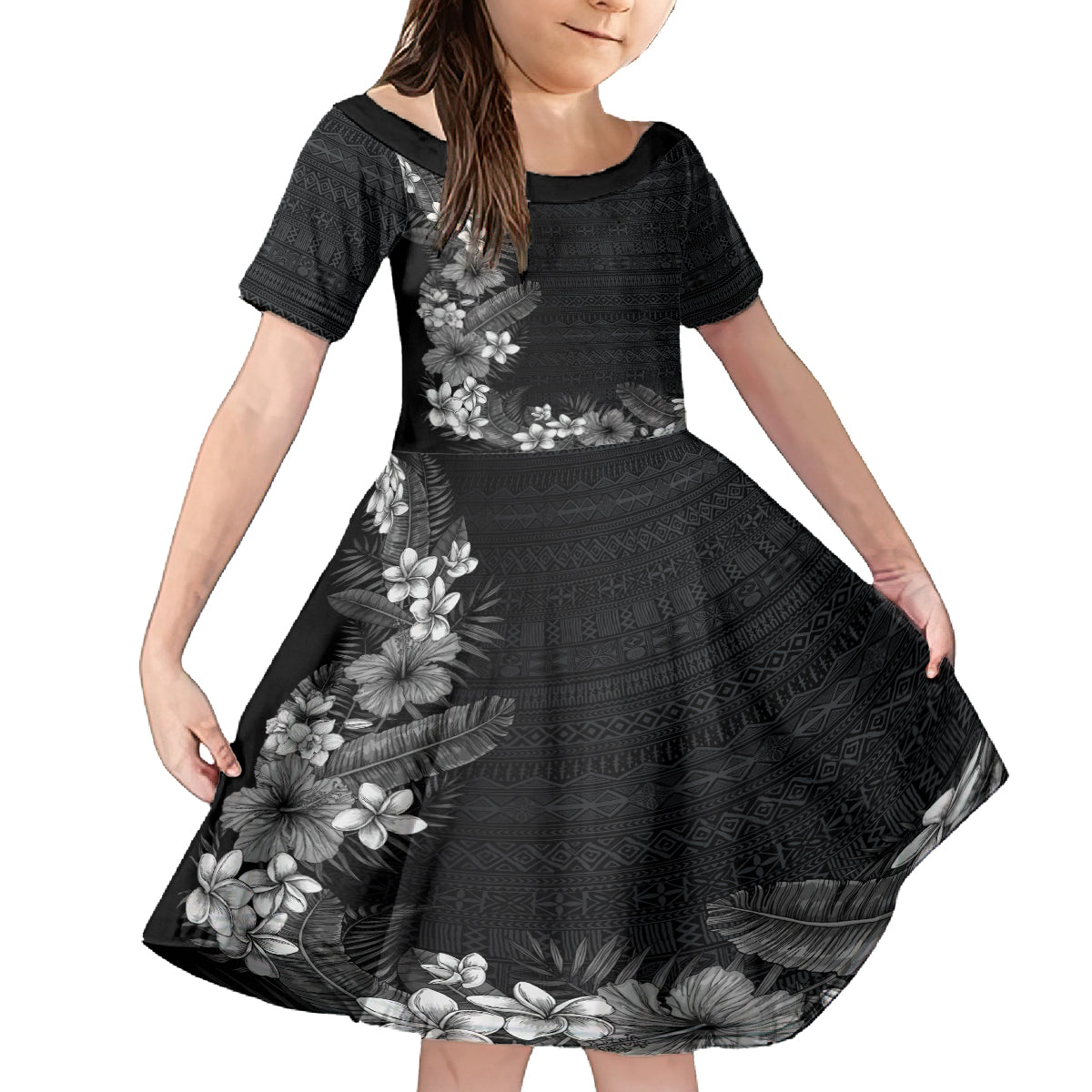 Hawaii Tropical Flowers and Leaves Family Matching Off Shoulder Maxi Dress and Hawaiian Shirt Tapa Pattern Grayscale Mode LT03 Daughter's Dress Grayscale - Polynesian Pride