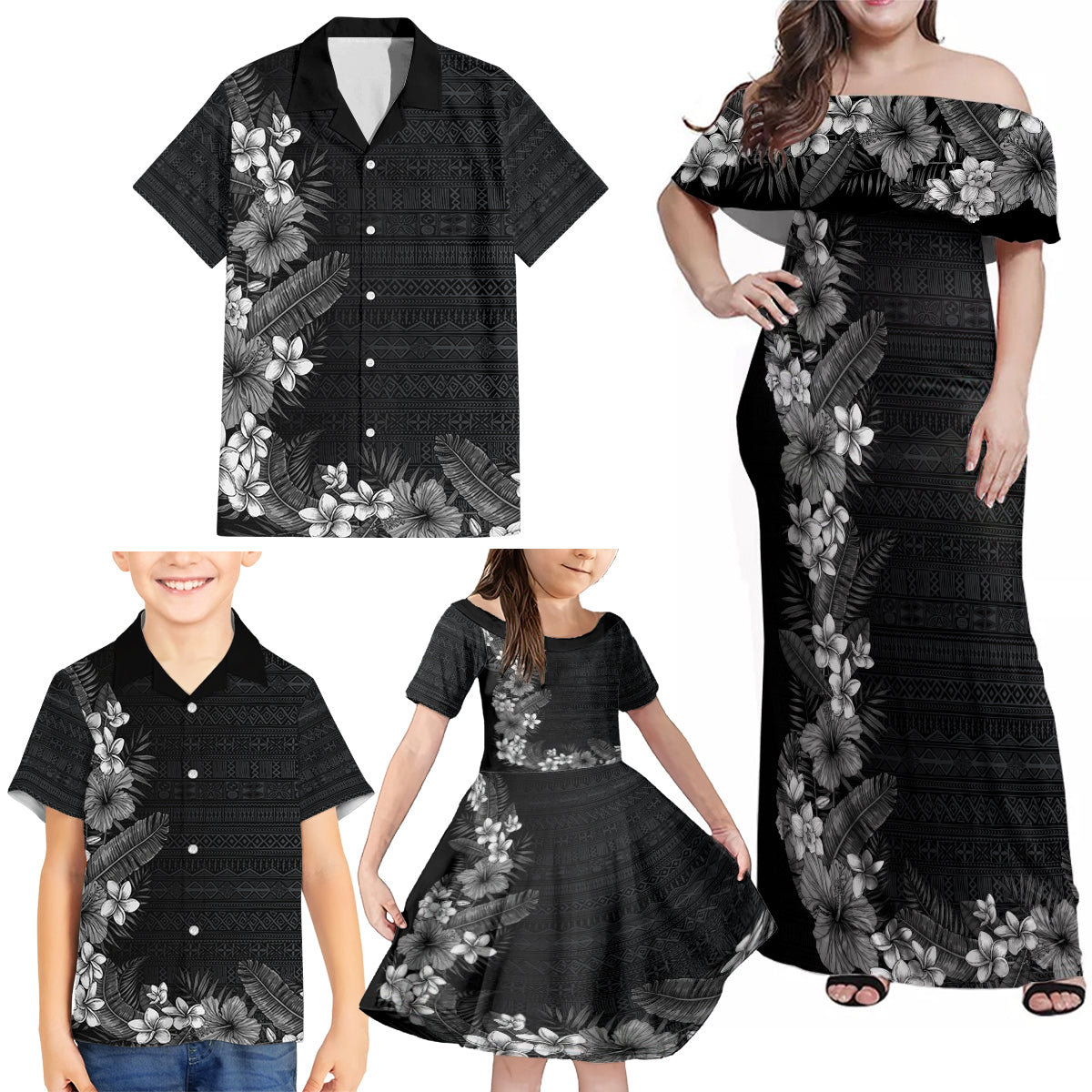 Hawaii Tropical Flowers and Leaves Family Matching Off Shoulder Maxi Dress and Hawaiian Shirt Tapa Pattern Grayscale Mode