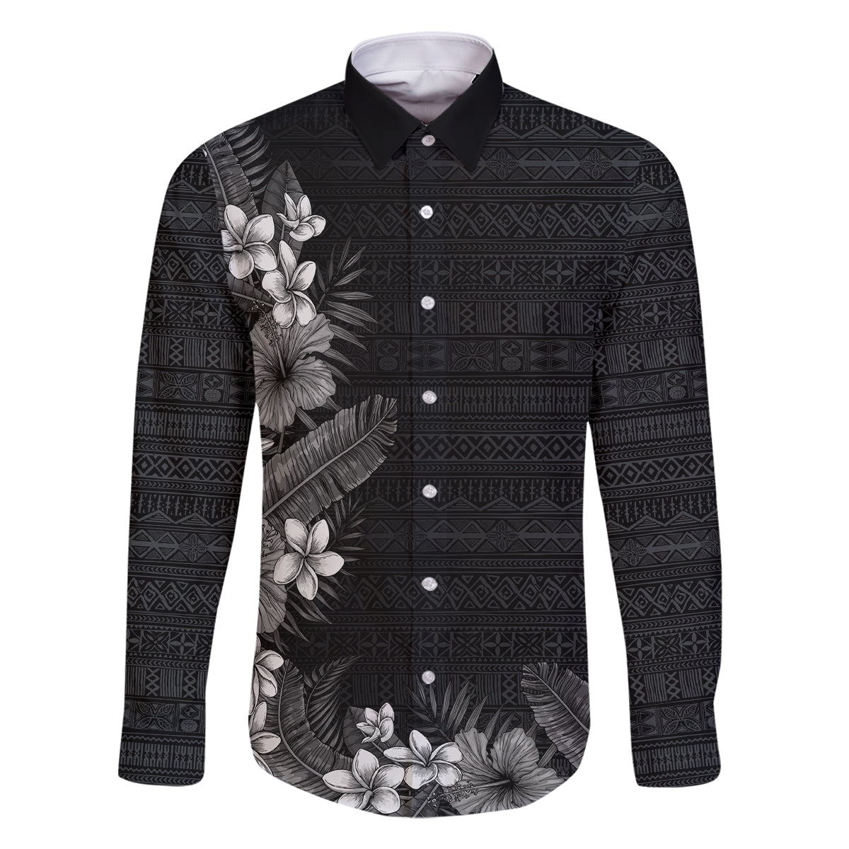 Hawaii Tropical Flowers and Leaves Family Matching Off Shoulder Maxi Dress and Hawaiian Shirt Tapa Pattern Grayscale Mode LT03 Dad's Shirt - Long Sleeve Grayscale - Polynesian Pride