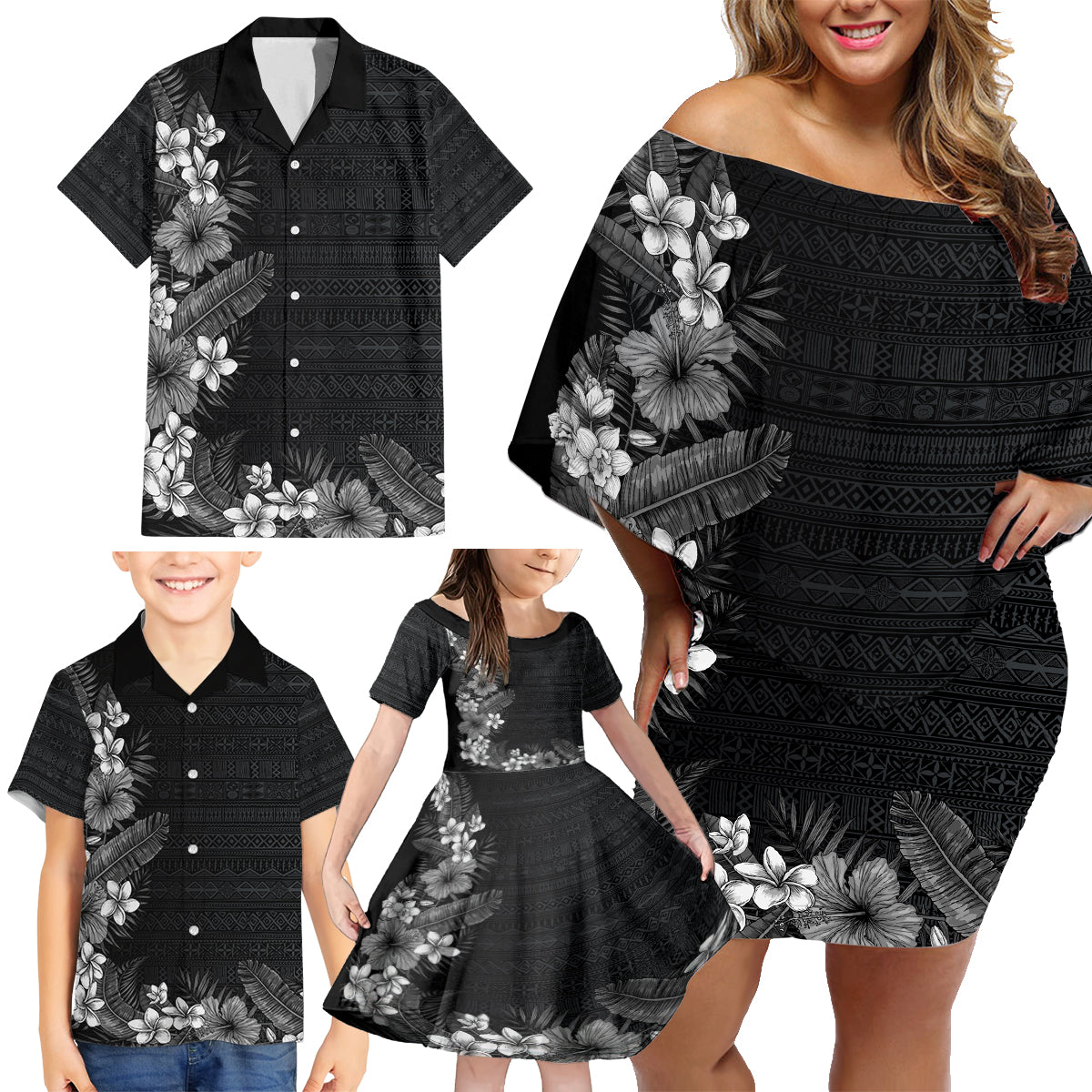 Hawaii Tropical Flowers and Leaves Family Matching Off Shoulder Short Dress and Hawaiian Shirt Tapa Pattern Grayscale Mode LT03 - Polynesian Pride