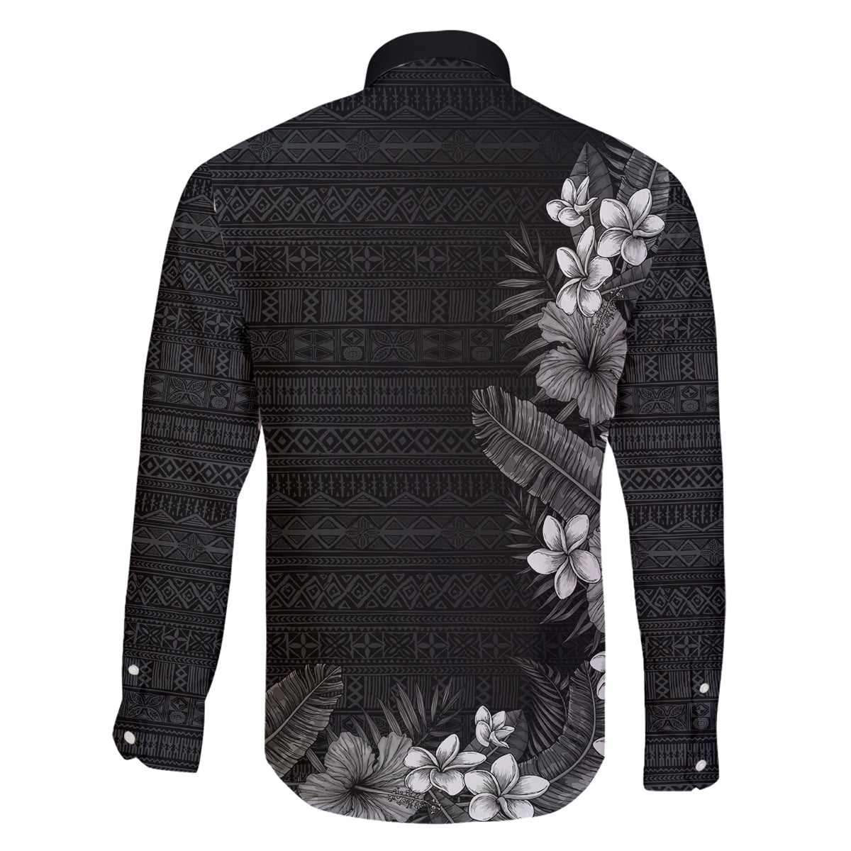 Hawaii Tropical Flowers and Leaves Family Matching Puletasi and Hawaiian Shirt Tapa Pattern Grayscale Mode LT03 - Polynesian Pride