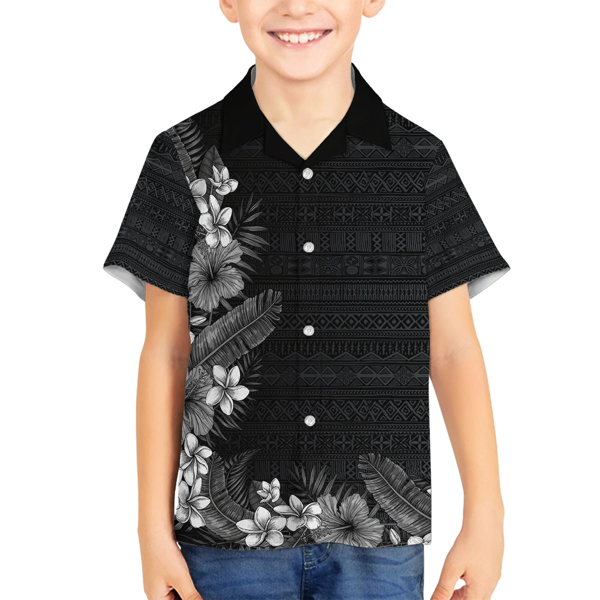 Hawaii Tropical Flowers and Leaves Family Matching Puletasi and Hawaiian Shirt Tapa Pattern Grayscale Mode LT03 Son's Shirt Grayscale - Polynesian Pride