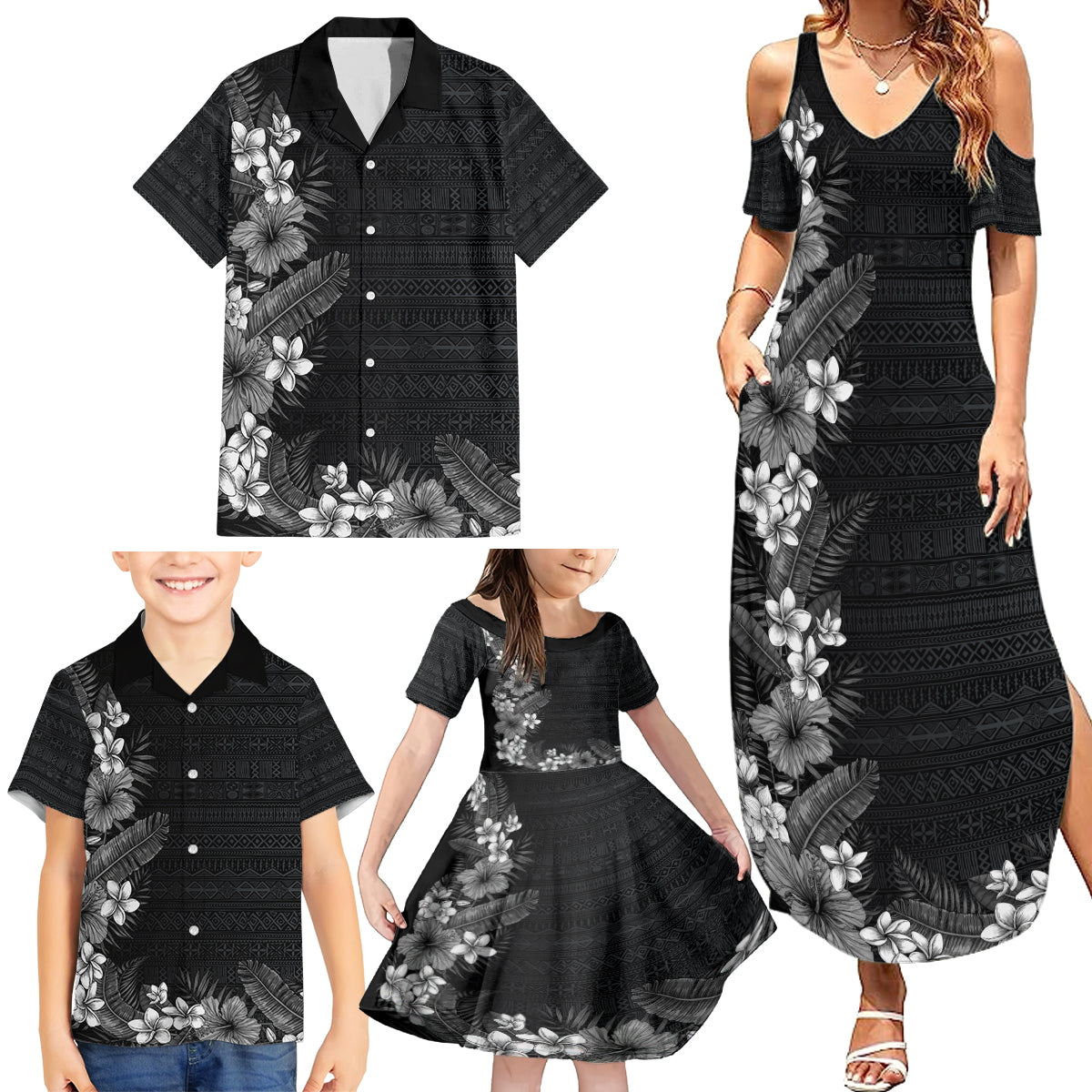 Hawaii Tropical Flowers and Leaves Family Matching Summer Maxi Dress and Hawaiian Shirt Tapa Pattern Grayscale Mode