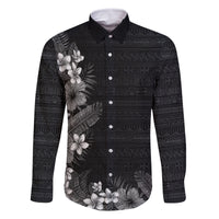 Hawaii Tropical Flowers and Leaves Family Matching Tank Maxi Dress and Hawaiian Shirt Tapa Pattern Grayscale Mode