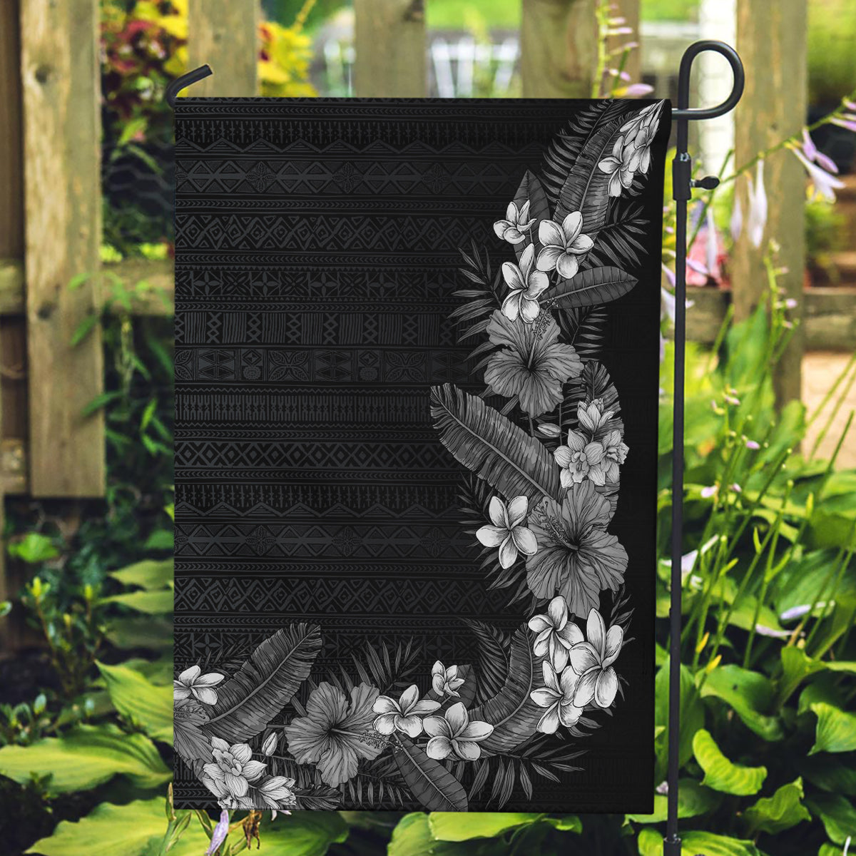 Hawaii Tropical Flowers and Leaves Garden Flag Tapa Pattern Grayscale Mode LT03 Garden Flag Grayscale - Polynesian Pride