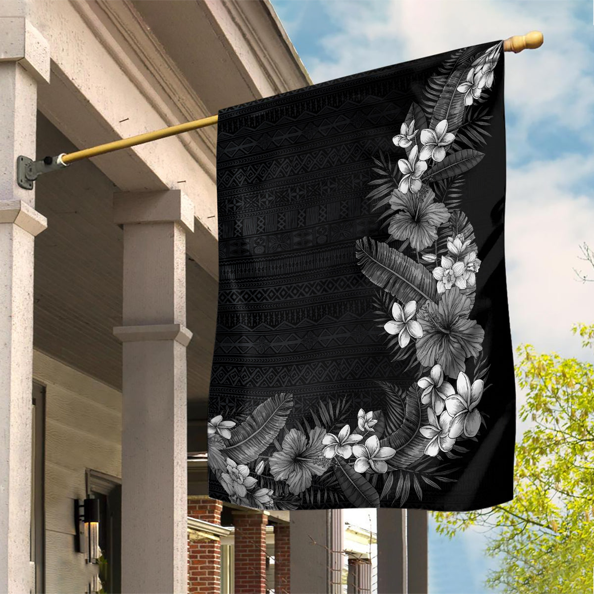 Hawaii Tropical Flowers and Leaves Garden Flag Tapa Pattern Grayscale Mode LT03 House Flag Grayscale - Polynesian Pride