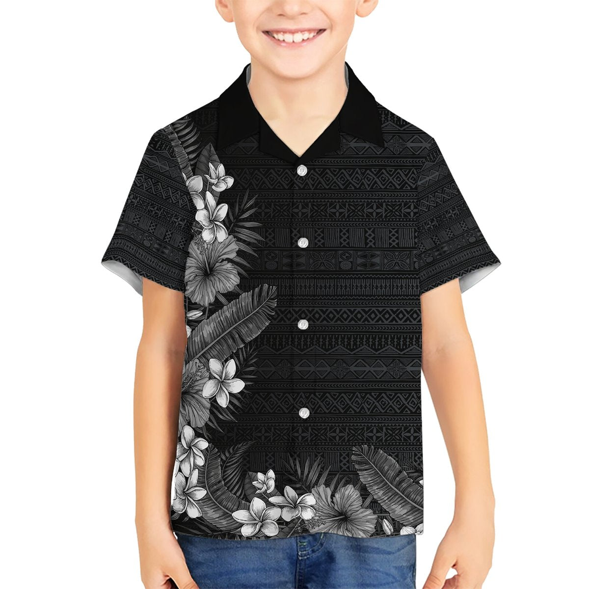 Hawaii Tropical Flowers and Leaves Hawaiian Shirt Tapa Pattern Grayscale Mode LT03 - Polynesian Pride