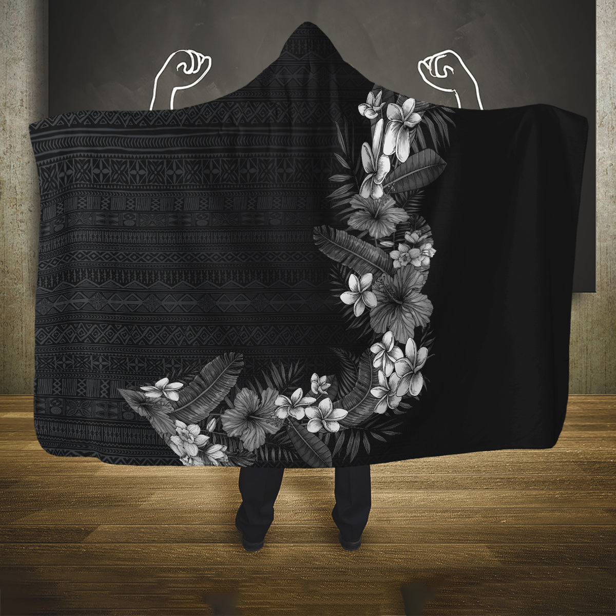 Hawaii Tropical Flowers and Leaves Hooded Blanket Tapa Pattern Grayscale Mode LT03 One Size Grayscale - Polynesian Pride