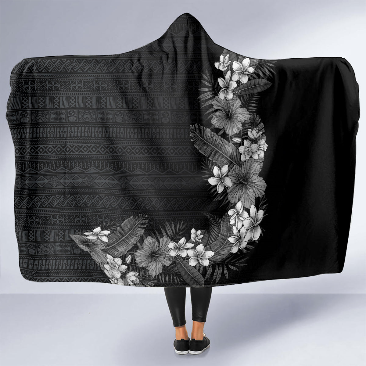 Hawaii Tropical Flowers and Leaves Hooded Blanket Tapa Pattern Grayscale Mode LT03 - Polynesian Pride