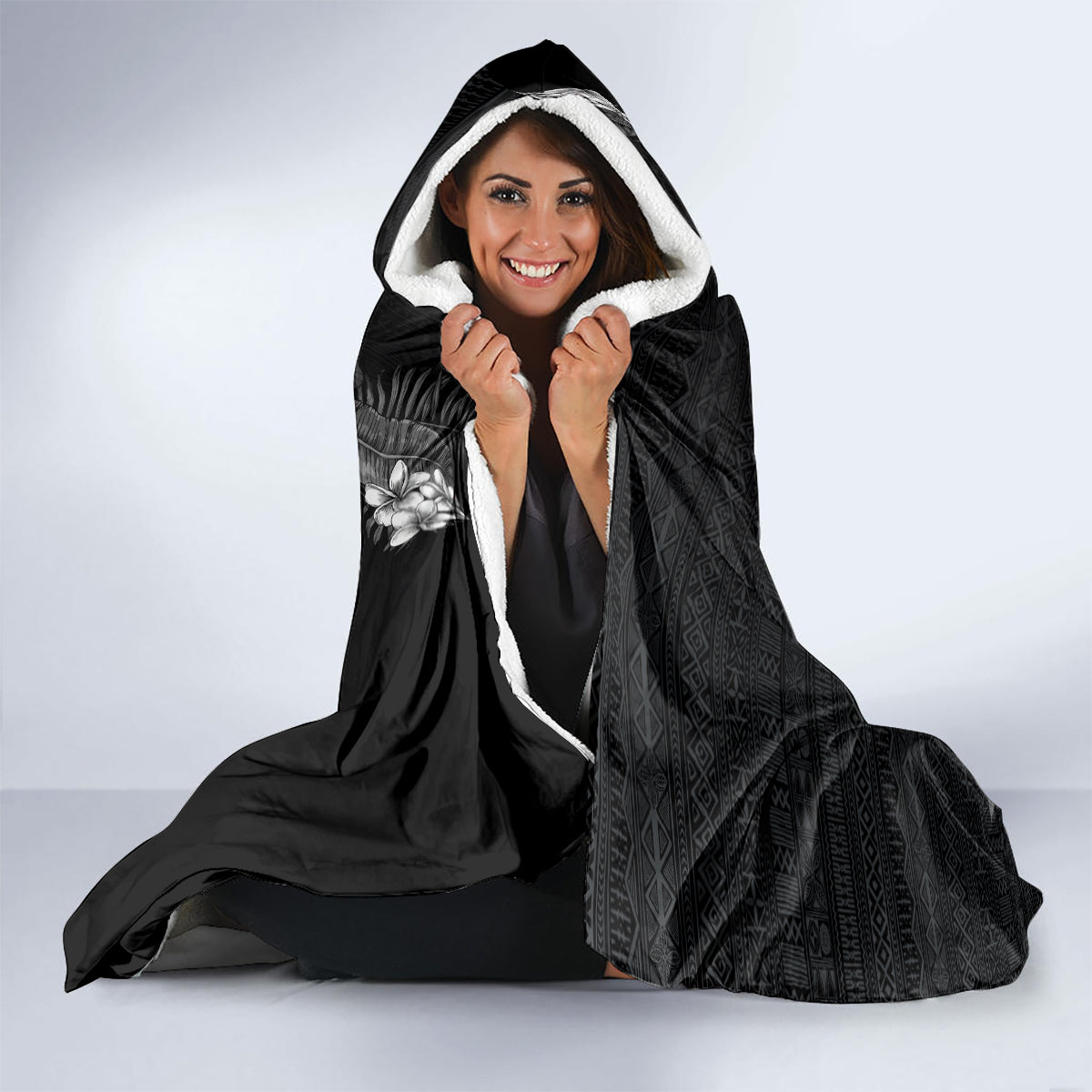 Hawaii Tropical Flowers and Leaves Hooded Blanket Tapa Pattern Grayscale Mode LT03 - Polynesian Pride