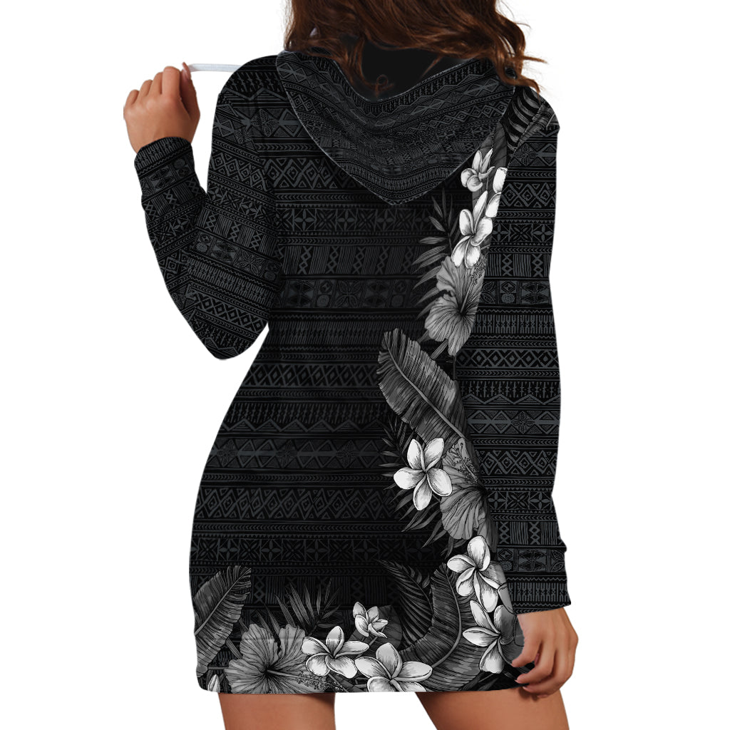 Hawaii Tropical Flowers and Leaves Hoodie Dress Tapa Pattern Grayscale Mode LT03 - Polynesian Pride