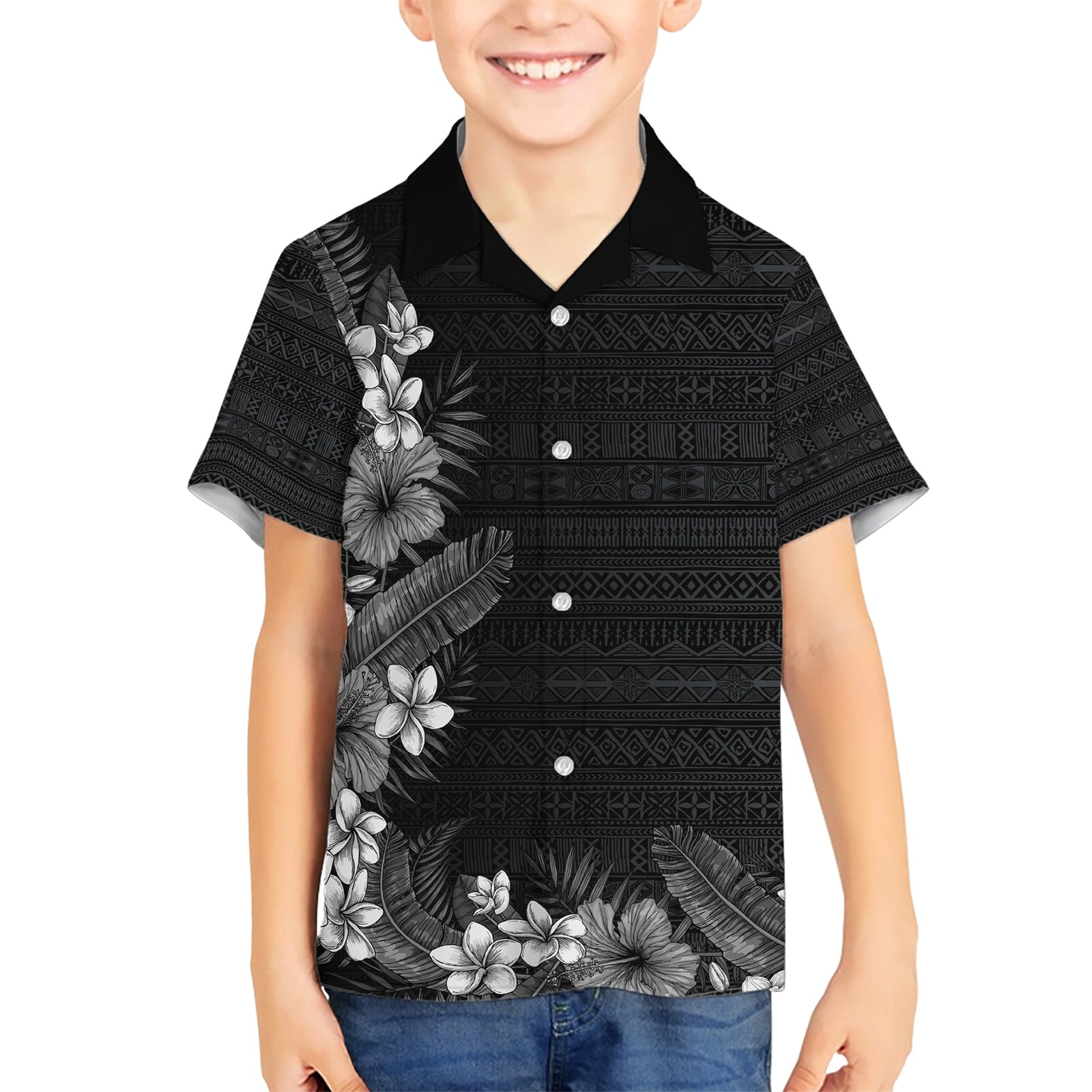Hawaii Tropical Flowers and Leaves Kid Hawaiian Shirt Tapa Pattern Grayscale Mode