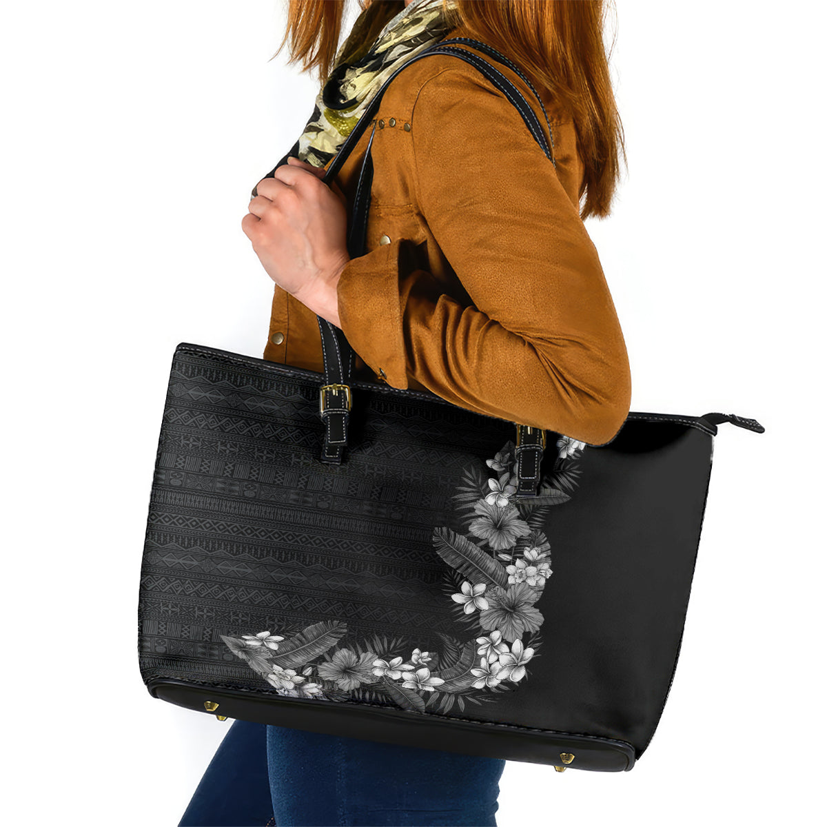 Hawaii Tropical Flowers and Leaves Leather Tote Bag Tapa Pattern Grayscale Mode LT03 Grayscale - Polynesian Pride