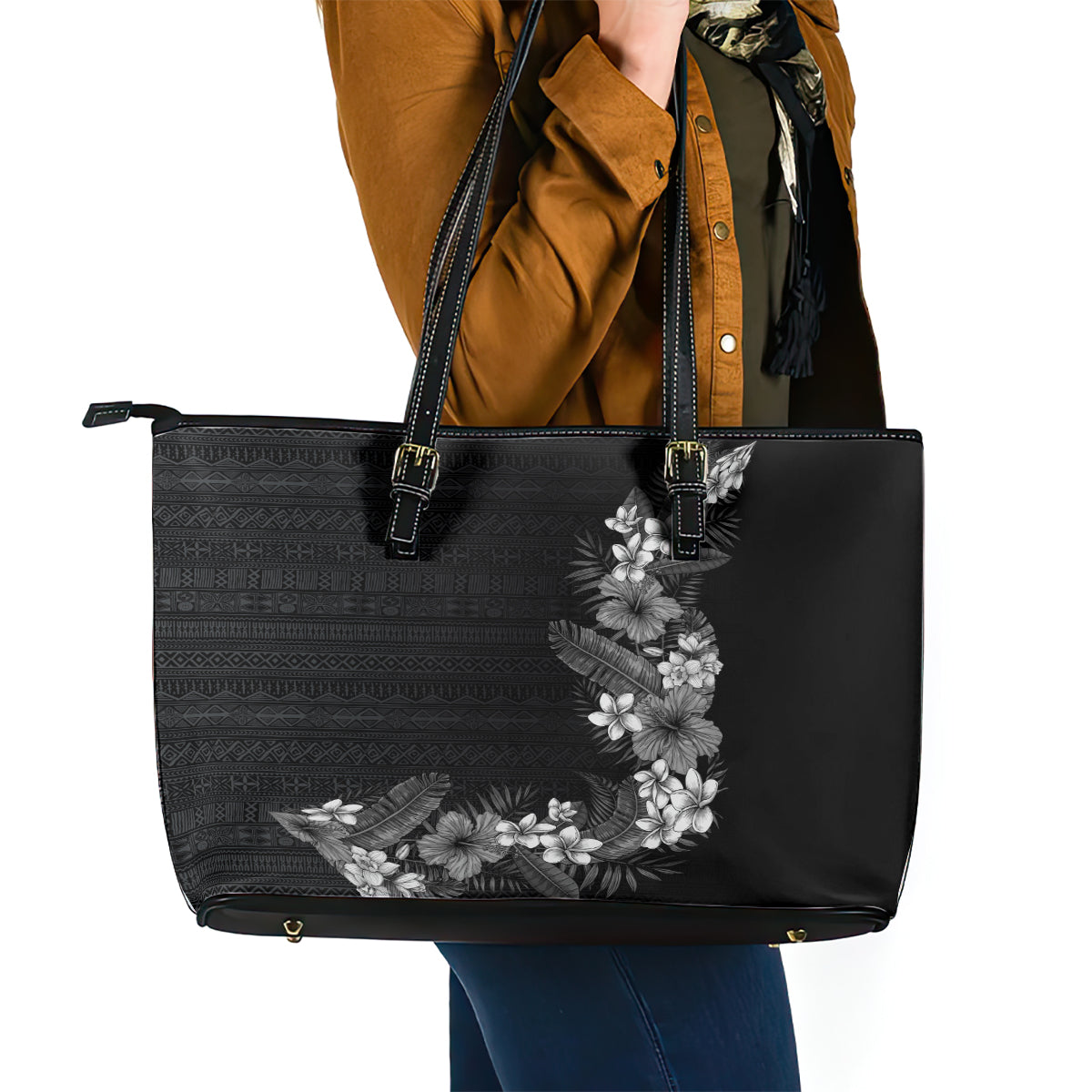 Hawaii Tropical Flowers and Leaves Leather Tote Bag Tapa Pattern Grayscale Mode LT03 - Polynesian Pride