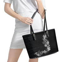 Hawaii Tropical Flowers and Leaves Leather Tote Bag Tapa Pattern Grayscale Mode LT03 - Polynesian Pride