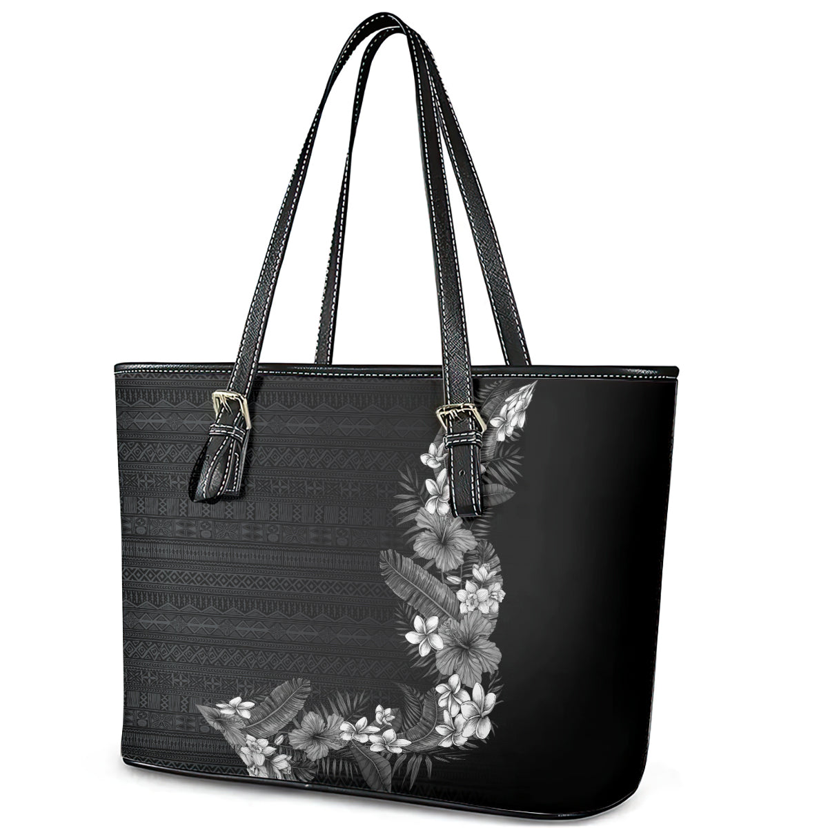 Hawaii Tropical Flowers and Leaves Leather Tote Bag Tapa Pattern Grayscale Mode LT03 - Polynesian Pride