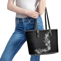 Hawaii Tropical Flowers and Leaves Leather Tote Bag Tapa Pattern Grayscale Mode LT03 - Polynesian Pride
