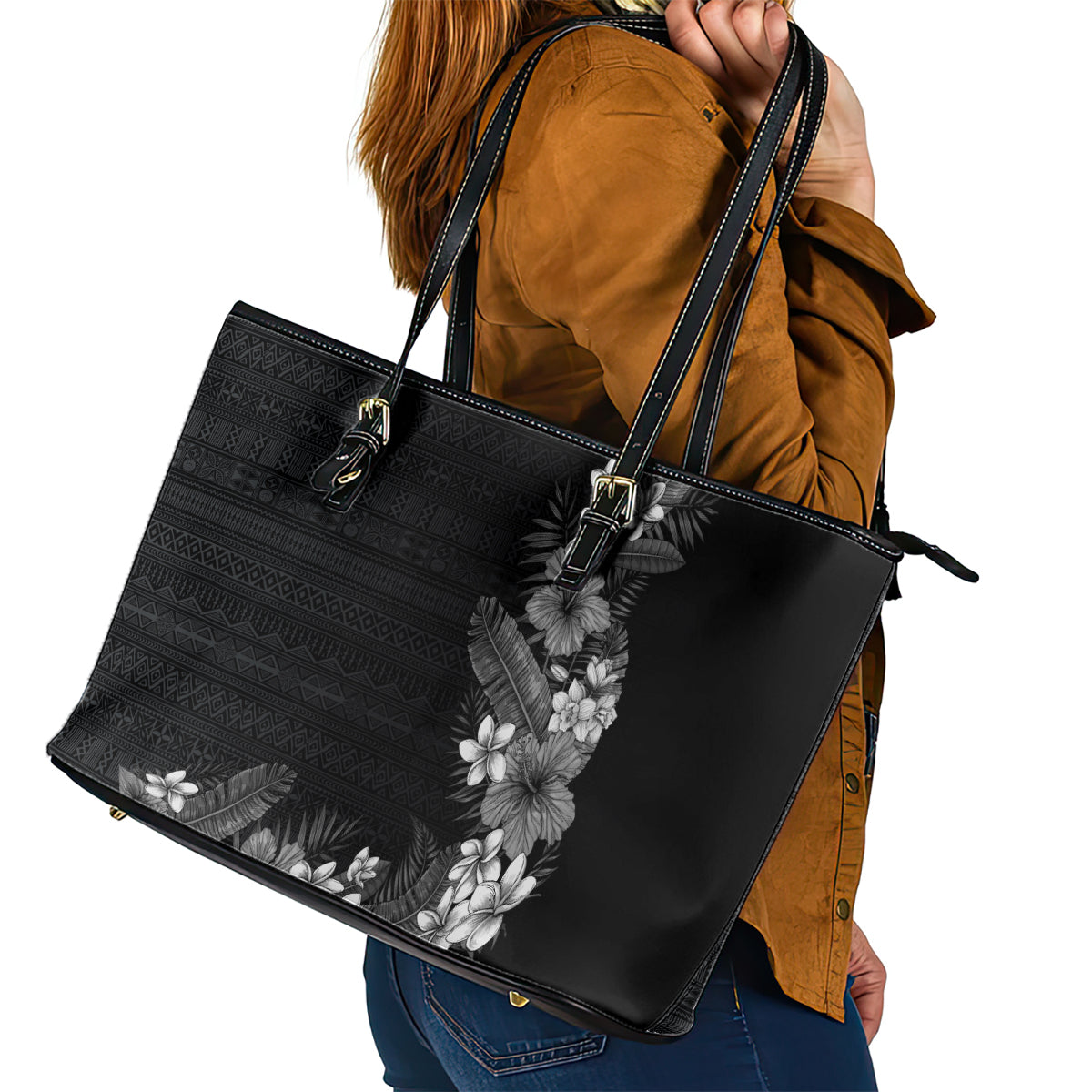 Hawaii Tropical Flowers and Leaves Leather Tote Bag Tapa Pattern Grayscale Mode LT03 - Polynesian Pride