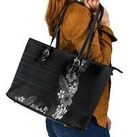 Hawaii Tropical Flowers and Leaves Leather Tote Bag Tapa Pattern Grayscale Mode LT03 - Polynesian Pride
