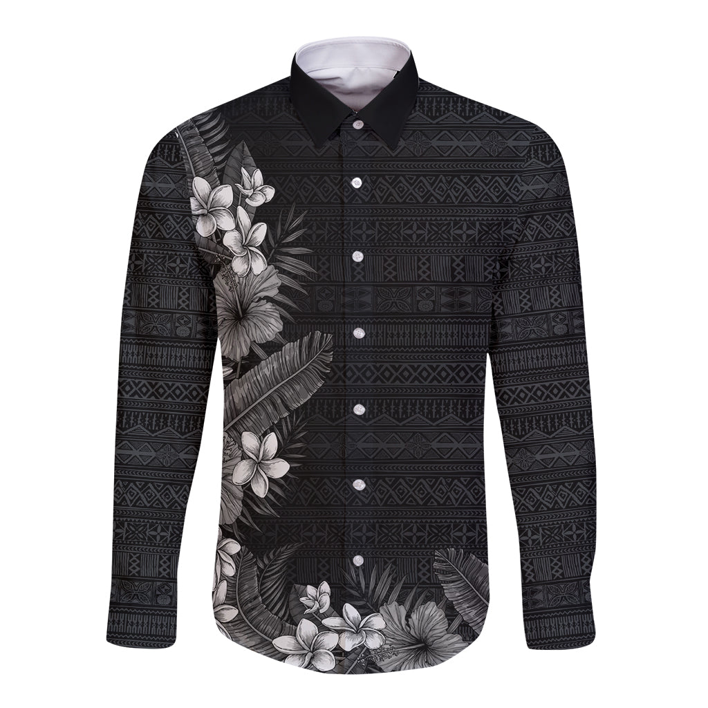 Hawaii Tropical Flowers and Leaves Long Sleeve Button Shirt Tapa Pattern Grayscale Mode