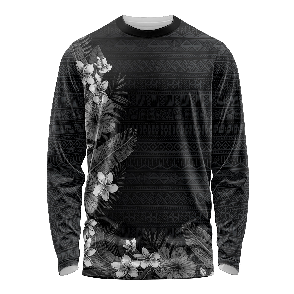 Hawaii Tropical Flowers and Leaves Long Sleeve Shirt Tapa Pattern Grayscale Mode