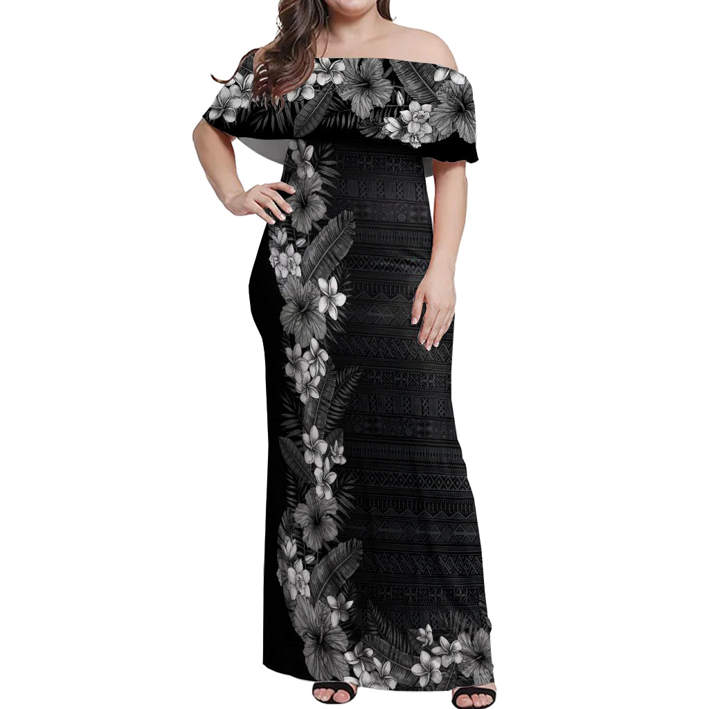 Hawaii Tropical Flowers and Leaves Off Shoulder Maxi Dress Tapa Pattern Grayscale Mode LT03 Women Grayscale - Polynesian Pride