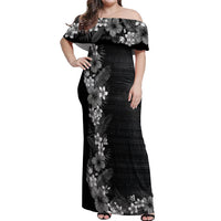 Hawaii Tropical Flowers and Leaves Off Shoulder Maxi Dress Tapa Pattern Grayscale Mode LT03 Women Grayscale - Polynesian Pride