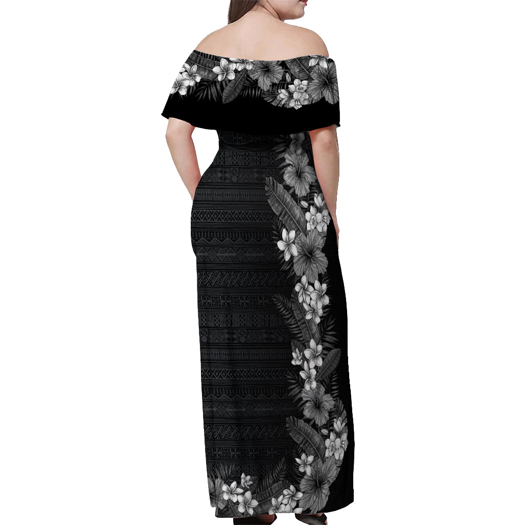 Hawaii Tropical Flowers and Leaves Off Shoulder Maxi Dress Tapa Pattern Grayscale Mode LT03 - Polynesian Pride