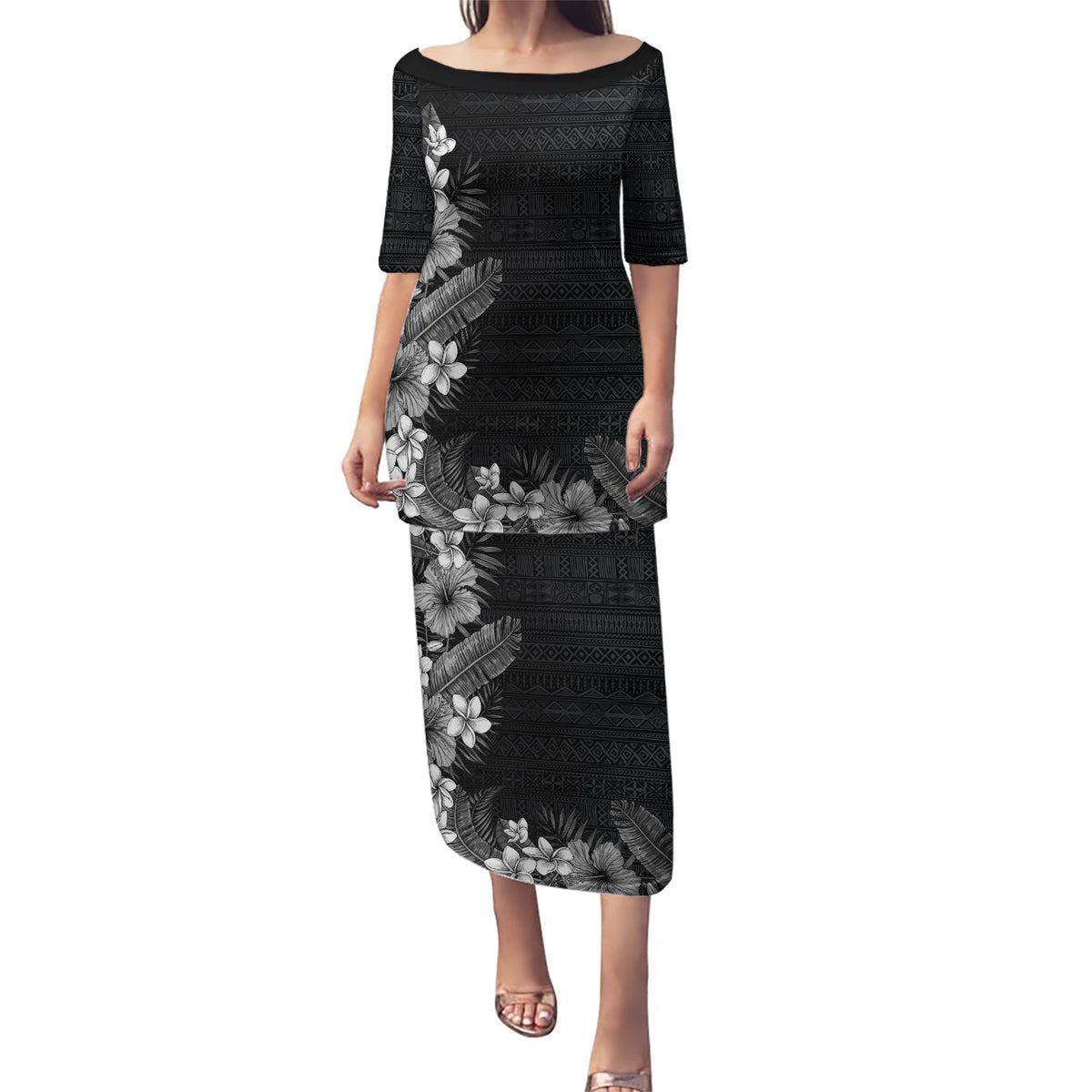 Hawaii Tropical Flowers and Leaves Puletasi Tapa Pattern Grayscale Mode LT03 Long Dress Grayscale - Polynesian Pride