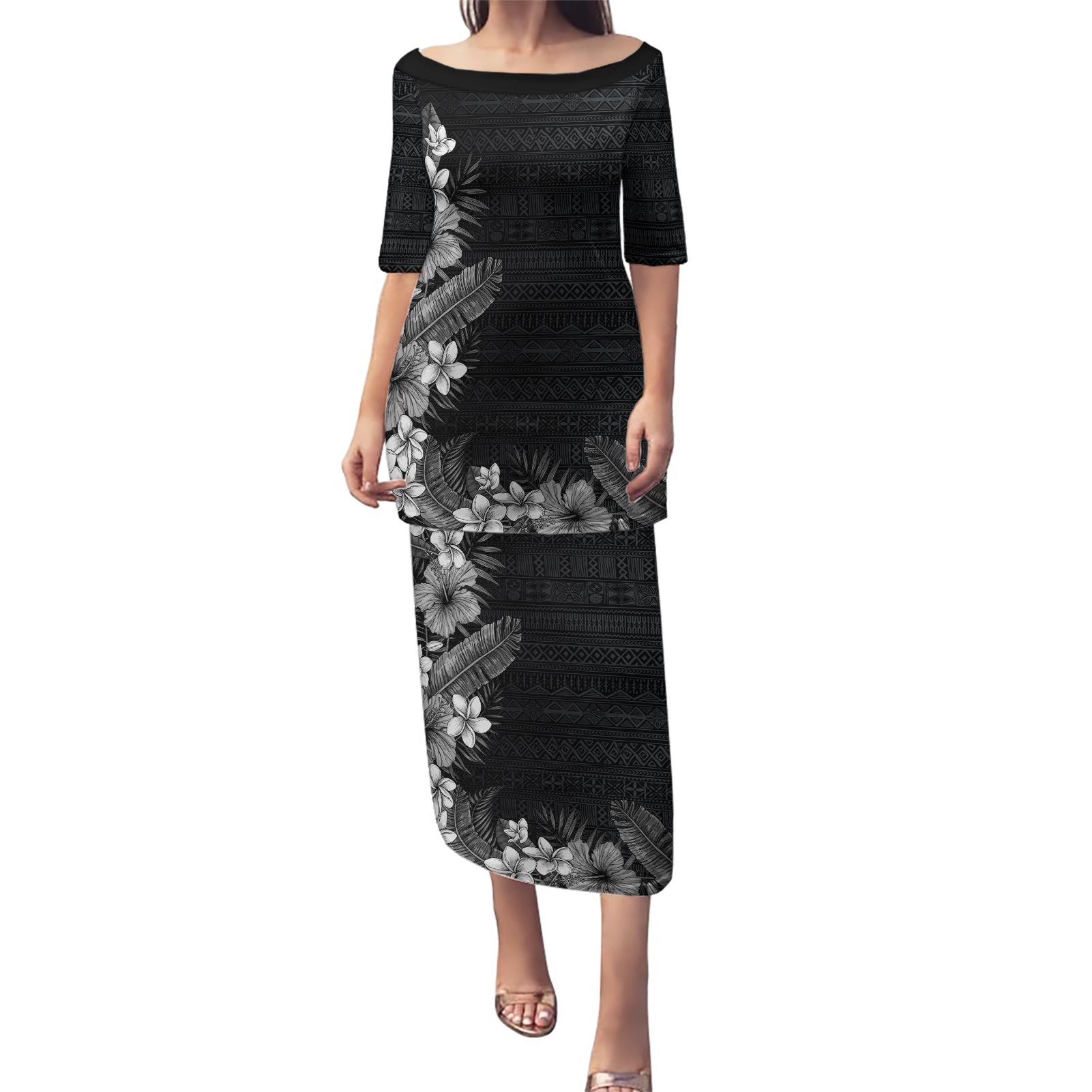 Hawaii Tropical Flowers and Leaves Puletasi Tapa Pattern Grayscale Mode