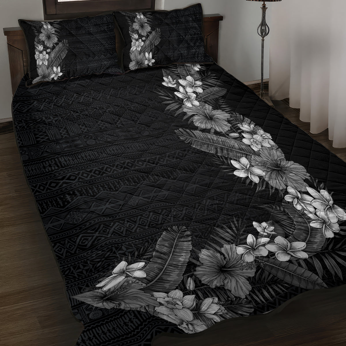 Hawaii Tropical Flowers and Leaves Quilt Bed Set Tapa Pattern Grayscale Mode LT03 Grayscale - Polynesian Pride
