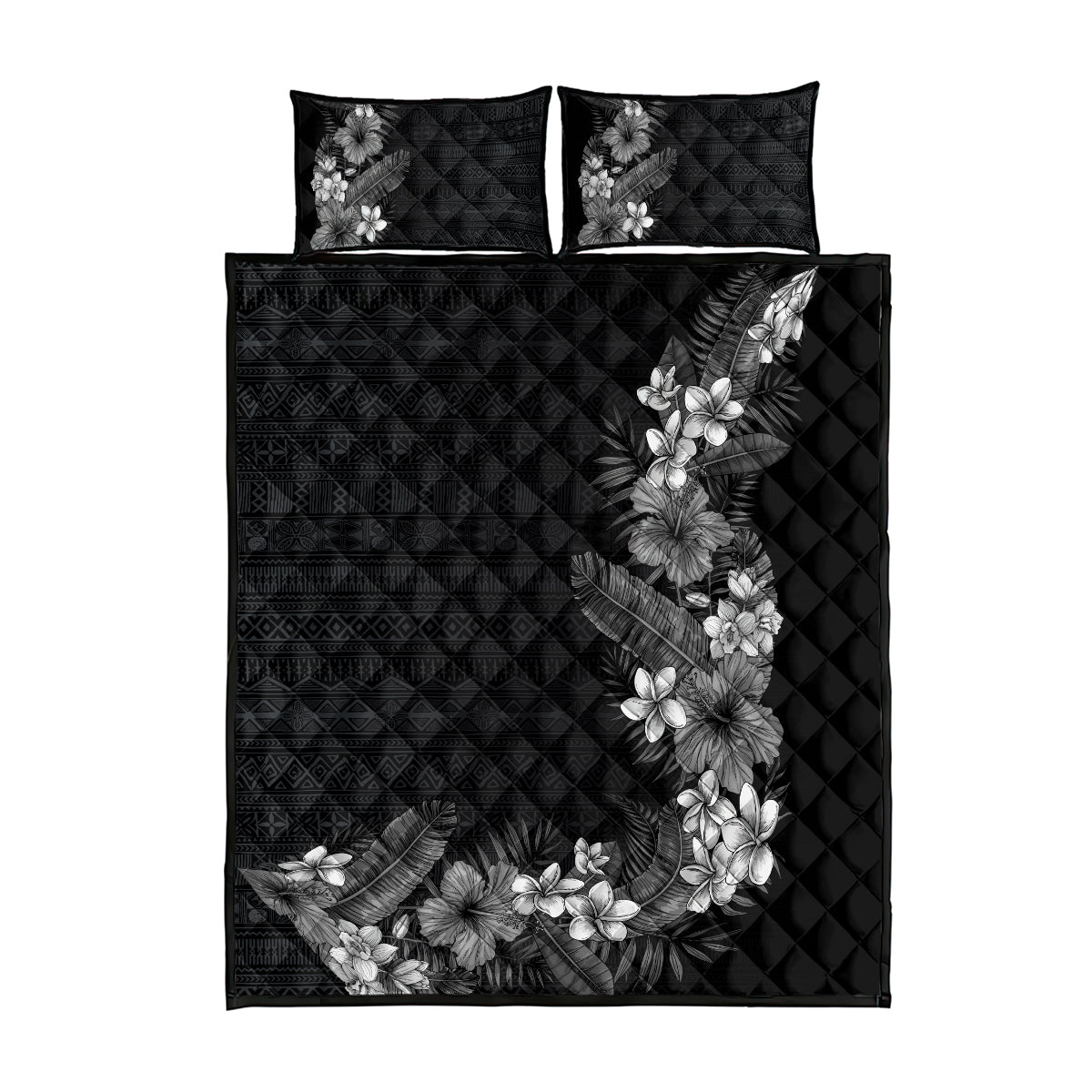 Hawaii Tropical Flowers and Leaves Quilt Bed Set Tapa Pattern Grayscale Mode LT03 - Polynesian Pride
