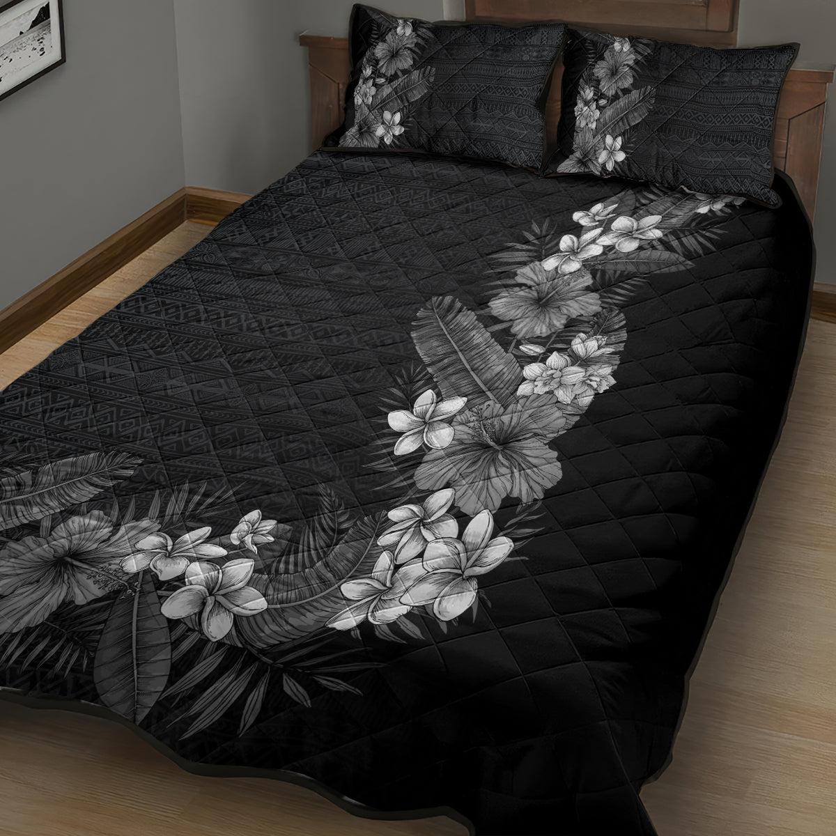 Hawaii Tropical Flowers and Leaves Quilt Bed Set Tapa Pattern Grayscale Mode LT03 - Polynesian Pride