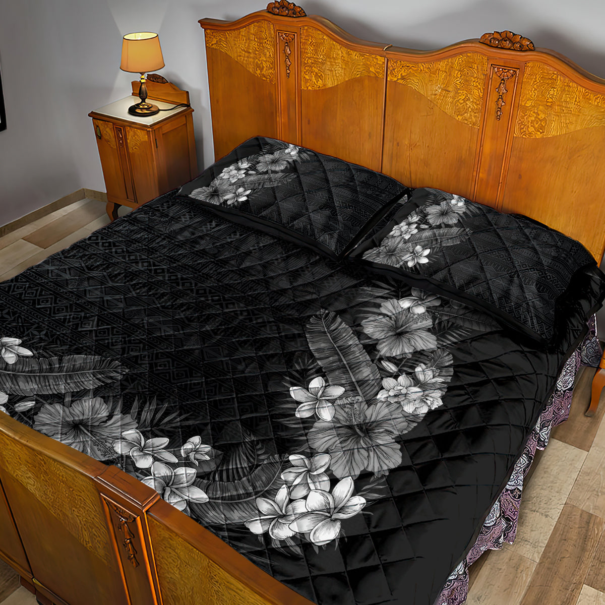 Hawaii Tropical Flowers and Leaves Quilt Bed Set Tapa Pattern Grayscale Mode LT03 - Polynesian Pride