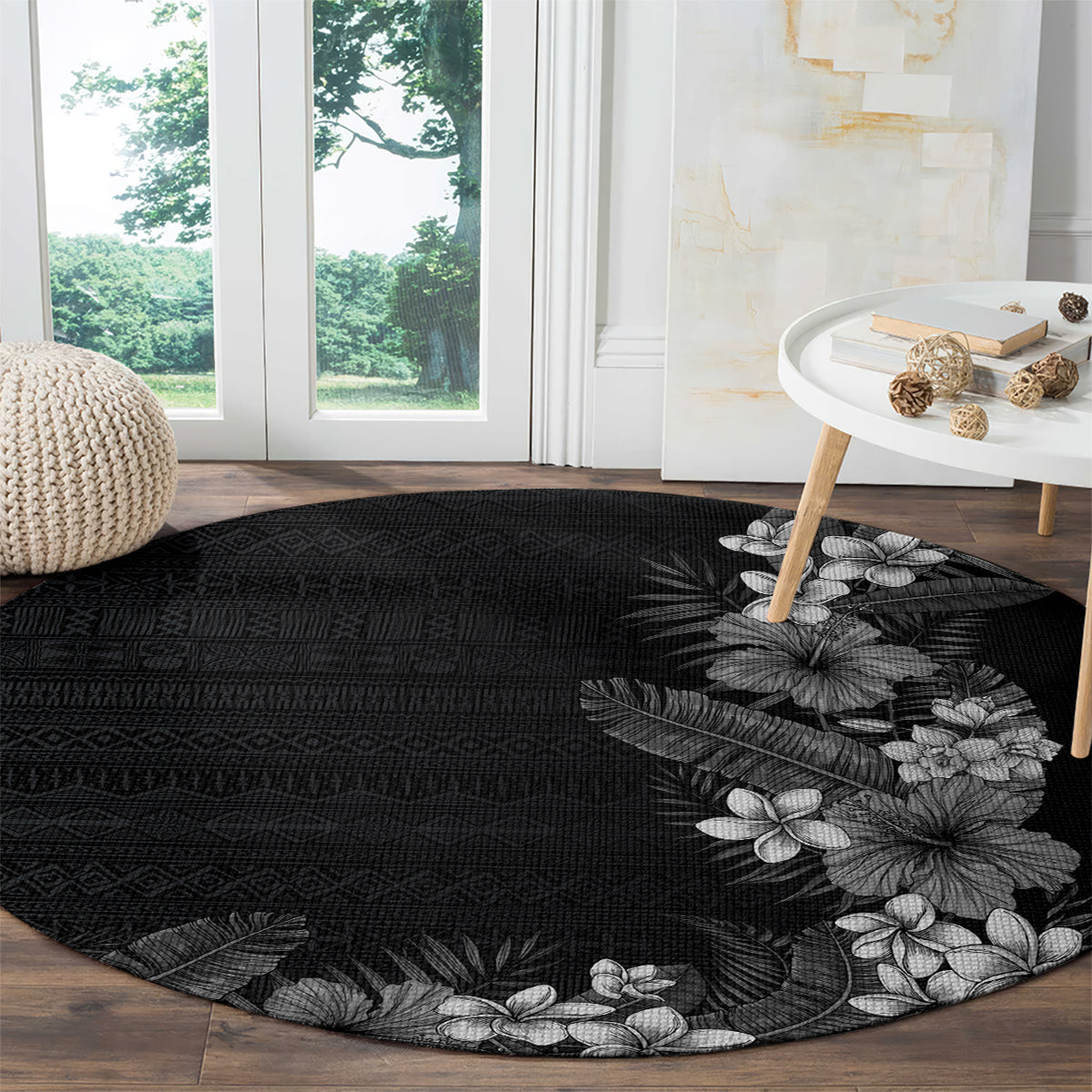 Hawaii Tropical Flowers and Leaves Round Carpet Tapa Pattern Grayscale Mode