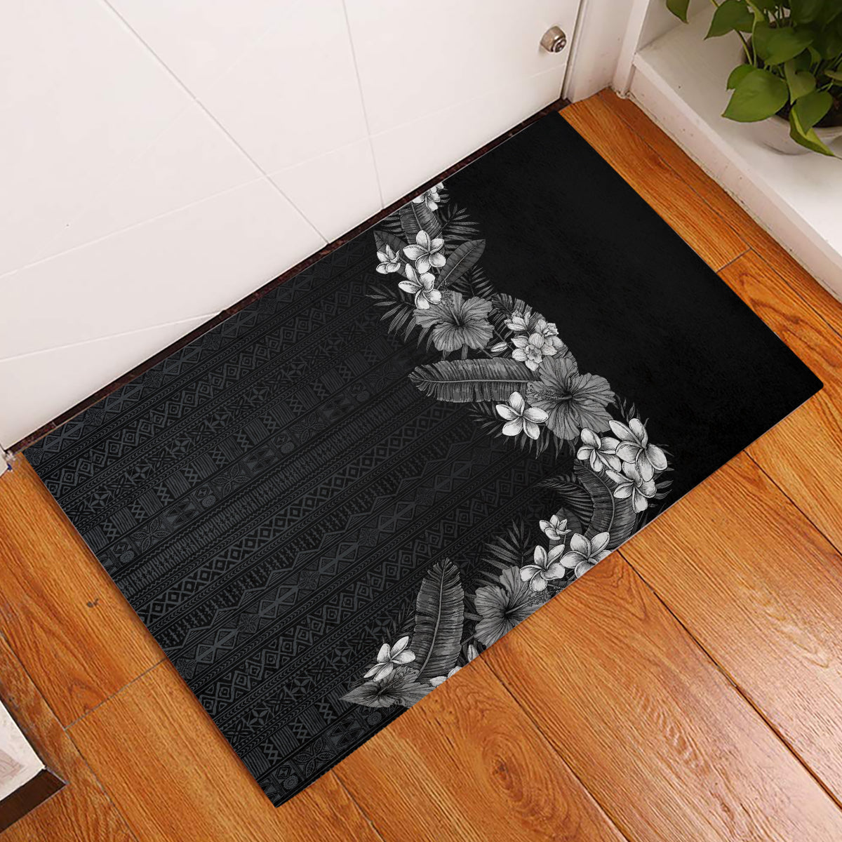 Hawaii Tropical Flowers and Leaves Rubber Doormat Tapa Pattern Grayscale Mode LT03 Grayscale - Polynesian Pride
