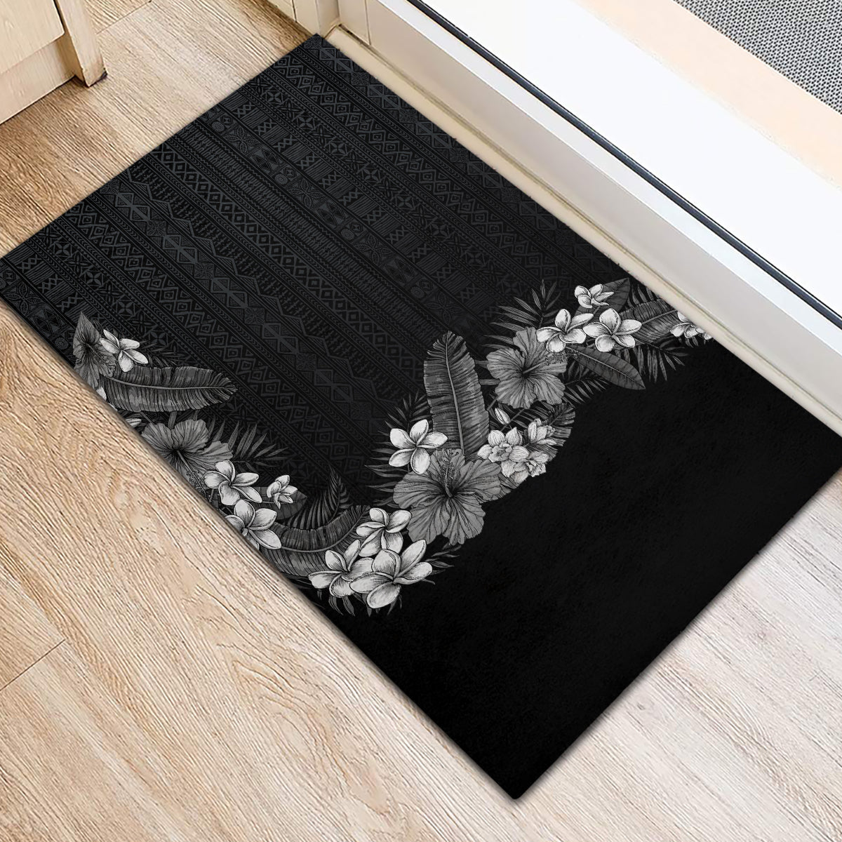 Hawaii Tropical Flowers and Leaves Rubber Doormat Tapa Pattern Grayscale Mode LT03 - Polynesian Pride