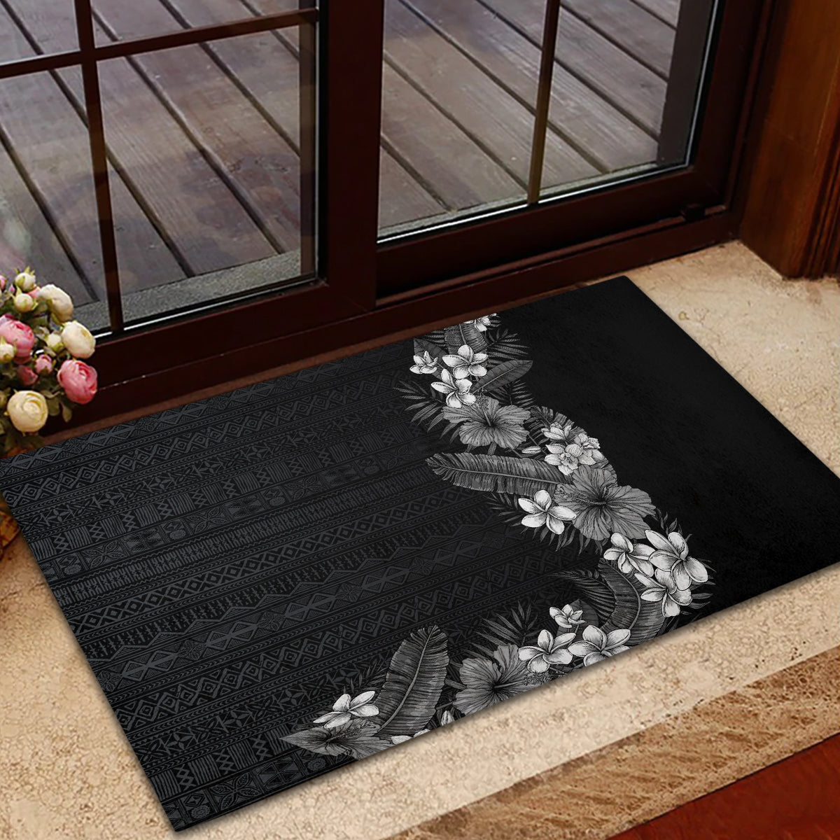Hawaii Tropical Flowers and Leaves Rubber Doormat Tapa Pattern Grayscale Mode LT03 - Polynesian Pride