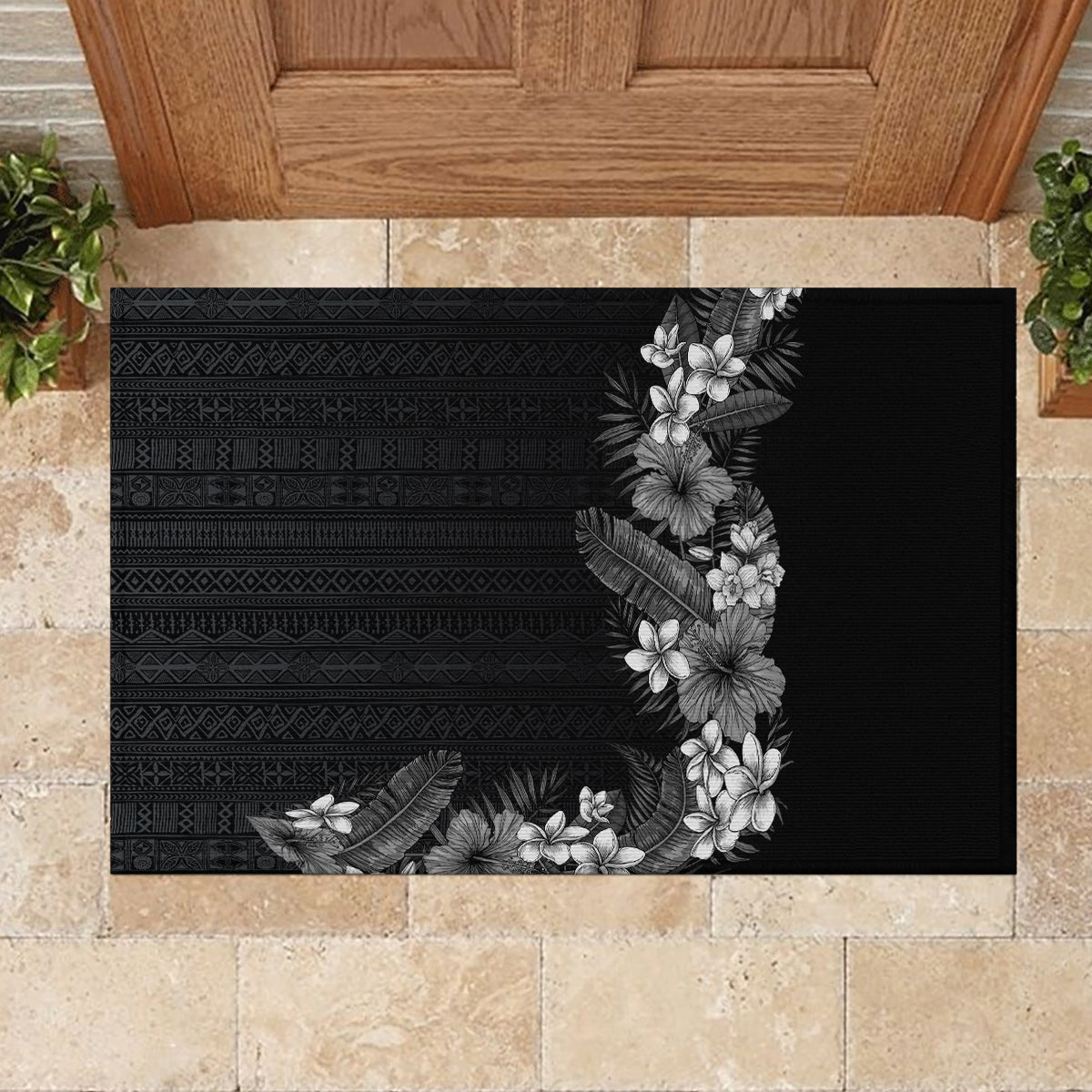 Hawaii Tropical Flowers and Leaves Rubber Doormat Tapa Pattern Grayscale Mode LT03 - Polynesian Pride