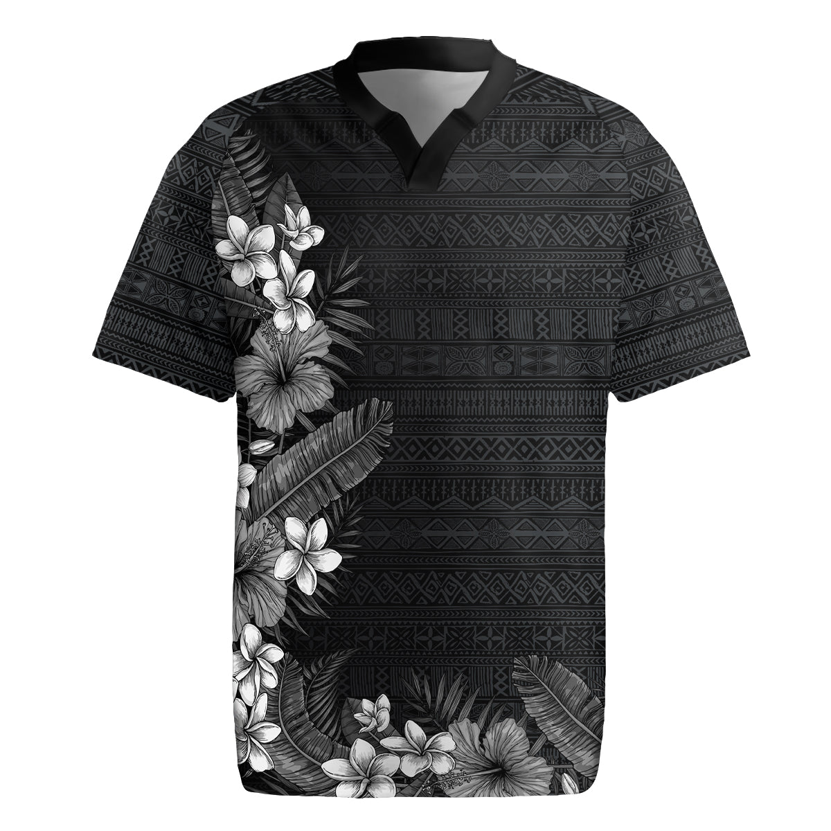 Hawaii Tropical Flowers and Leaves Rugby Jersey Tapa Pattern Grayscale Mode LT03 Grayscale - Polynesian Pride