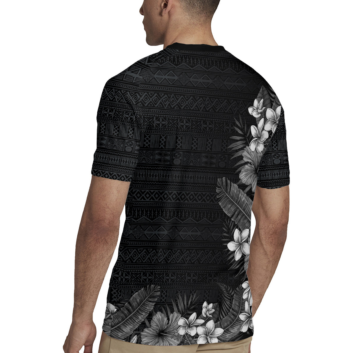 Hawaii Tropical Flowers and Leaves Rugby Jersey Tapa Pattern Grayscale Mode LT03 - Polynesian Pride